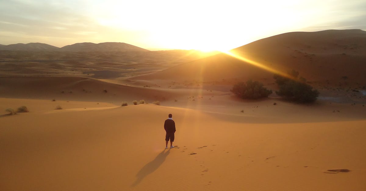Silhouette of a man walking along sand dunes during a sunrise in the Sahara Desert.